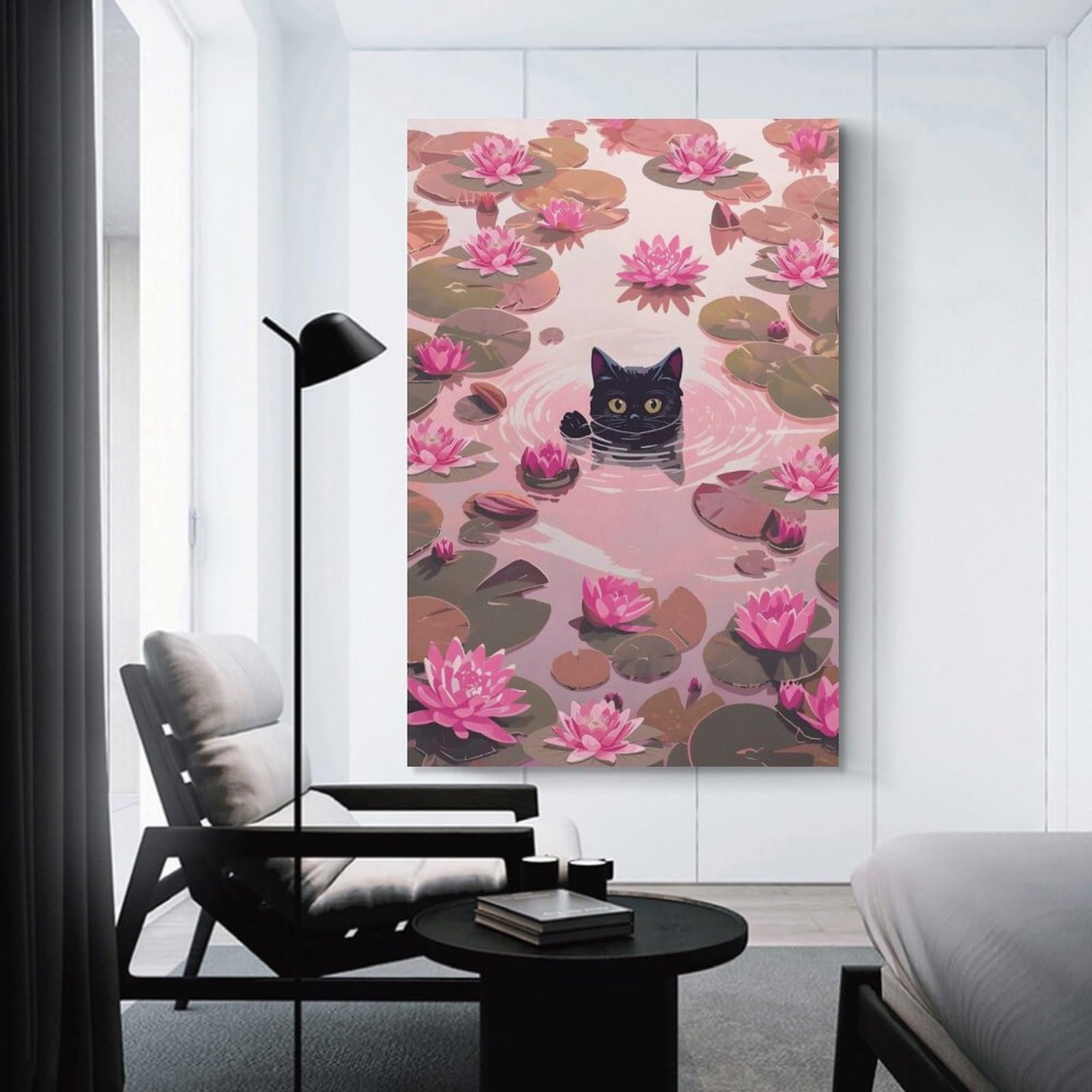 Junmoney Unframe-Style-2 Canvas Wall Picture Black Cat In Pink Lily Pond, 24X36inch(60X90cm), For Bedroom, Lounge Or Dressing Area, Stylish Decor For A Restful Room Update