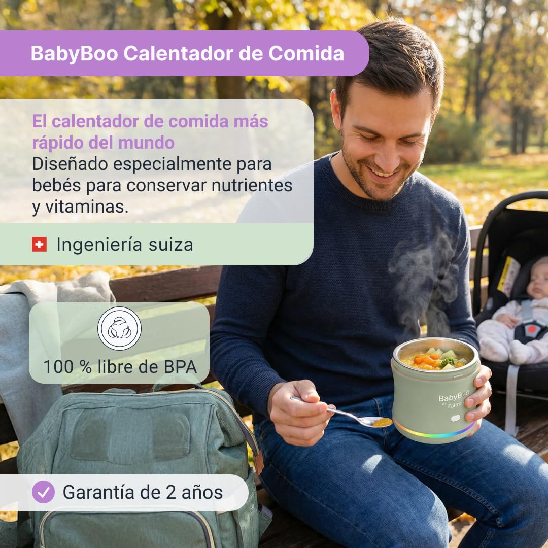 BABYBOO Calentador de biberón portátil - Calentador de biberón y alimentos para bebés con batería, control a través de aplicación, calentamiento rápido 70 W, anillo LED, hasta 45 °C, bandeja extraíble
