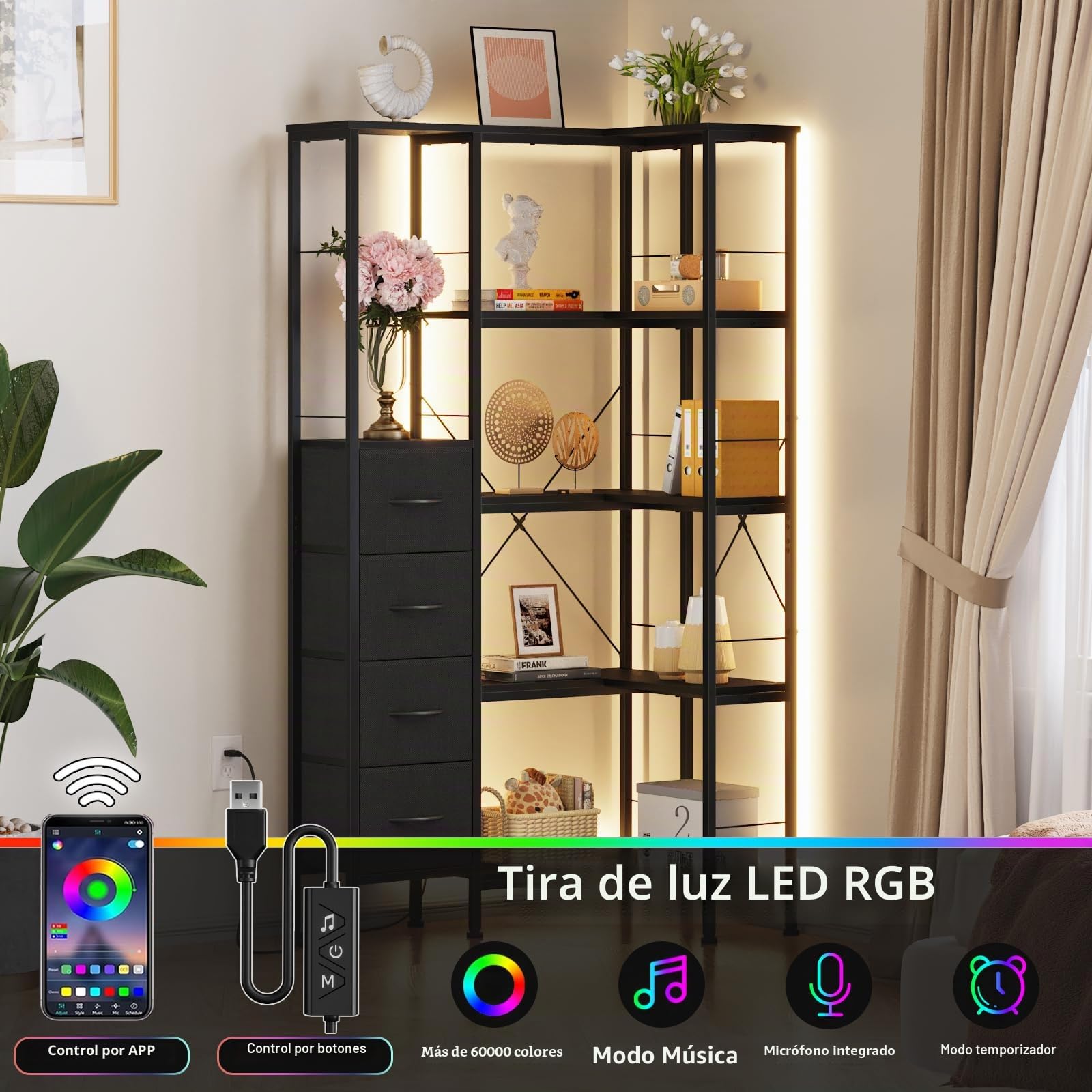 Estanteria Esquina con Iluminación LED, Estanterias Almacenaje de 5 Niveles con 4 Cajones de Tela, Estanteria Libros, Estanteria para Sala de Estar, Dormitorio, Oficina, Negro
