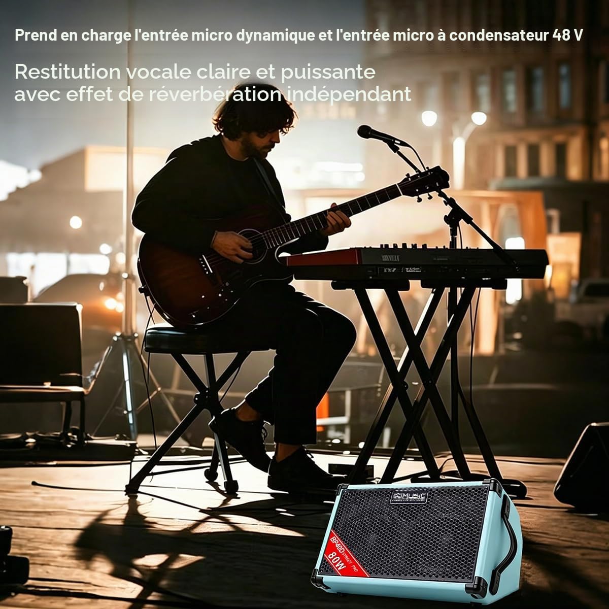 BP40D Amplificateur de Guitare Acoustique Haut-Parleur de Chant de Rue – Haut-Parleur Bluetooth Portable 80 W avec Batterie, Effet de Retard de réverbération de Chorus, 6 entrées, égaliseur 3 Bandes,