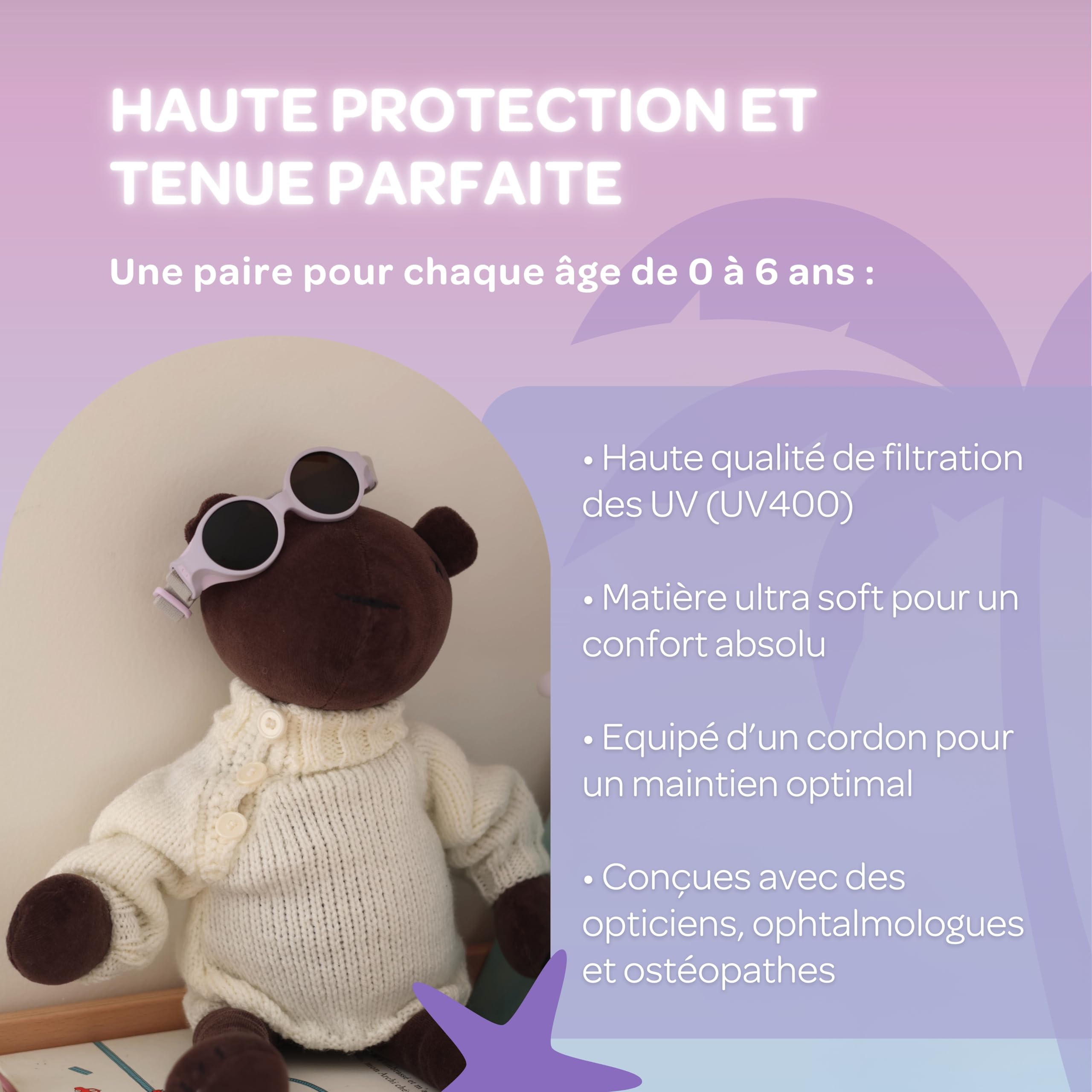 Béaba, Lunettes de soleil pour bébé 0-9 mois, Protection 100% UV - CAT 4, Protection Latérale, Confort Optimal, Bandeau élastique ajustable, Collection Glee, Lila