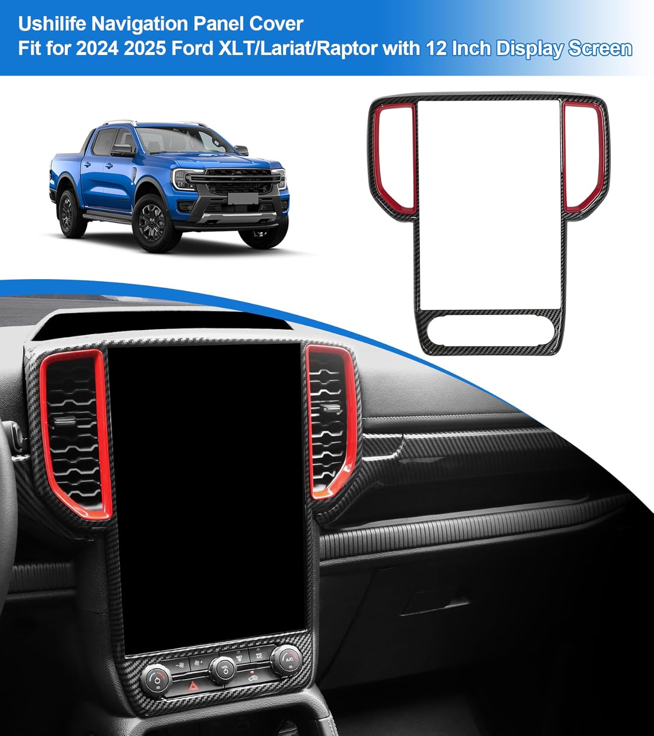 Center Console Cover Navigation Screen Panel Cover Trim Fit for 2024 2025 Ford Ranger XLT Lariat Raptor, Dashboard Frame GPS Screen Trim Center Console Display Cover Air Vent Cover(for 12 Inch Screen)