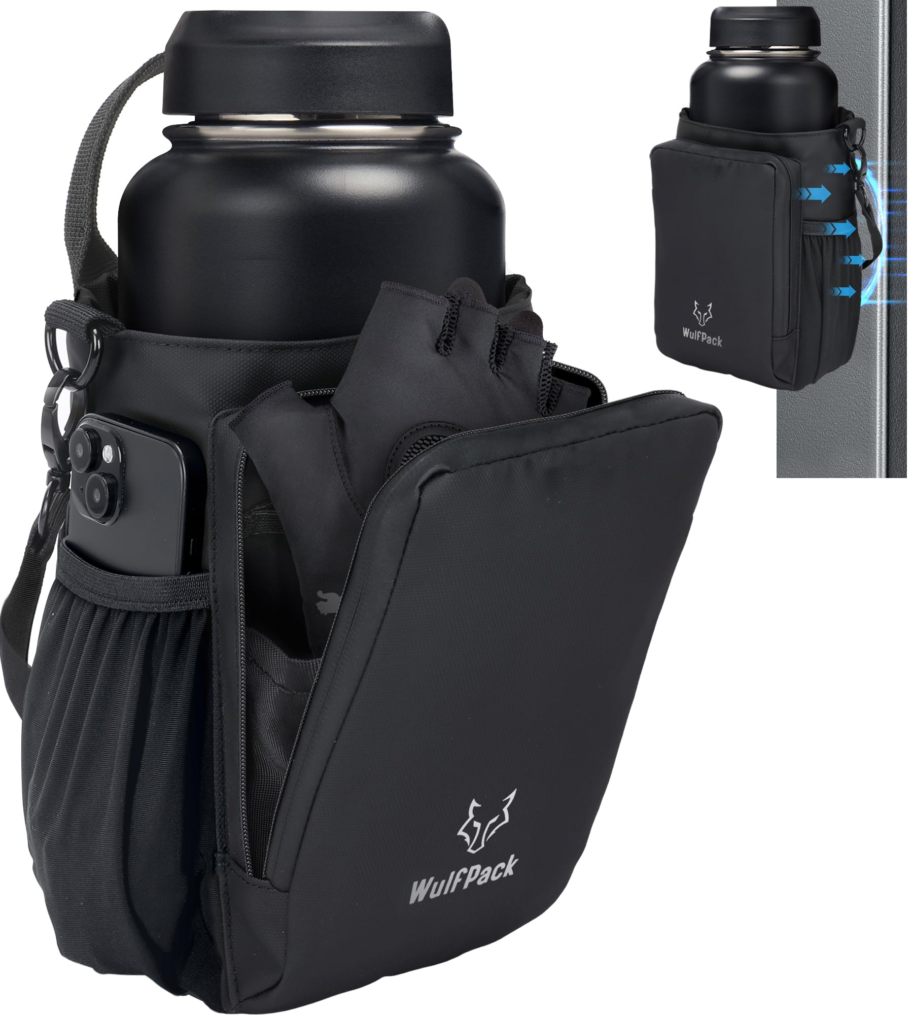 WulfPack Magnetic Gym Bag, Magnetic Bottle Bag, Water Bottle Carrier Holder with Large Phone Pockets, Large Pockets, Gym Bag, Work, and Sports (Black)