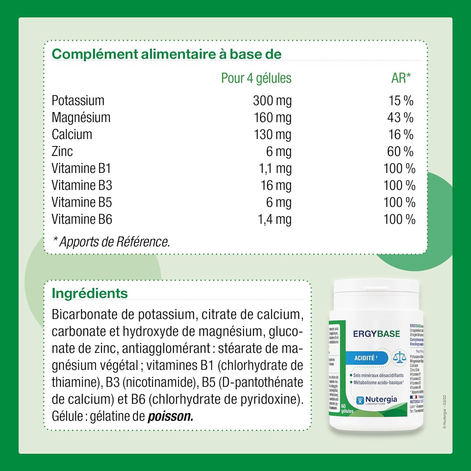 Nutergia ERGYBASE Acidité Complément Alimentaire Lot de 2 Boites 60 Gélules Maintien Équilibre Acido-Basique Enzymes Digestives