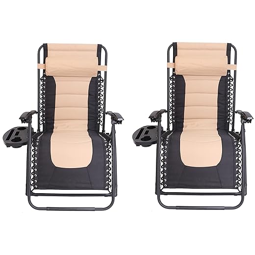 BTEXPERT Oversized Padded Zero Gravity Chair Folding Recliner Chaise Lounge Patio Beach XL Anti-Gravity Lounger, Tray Cup Holder, Headrest Pillow Set of 2 Blue