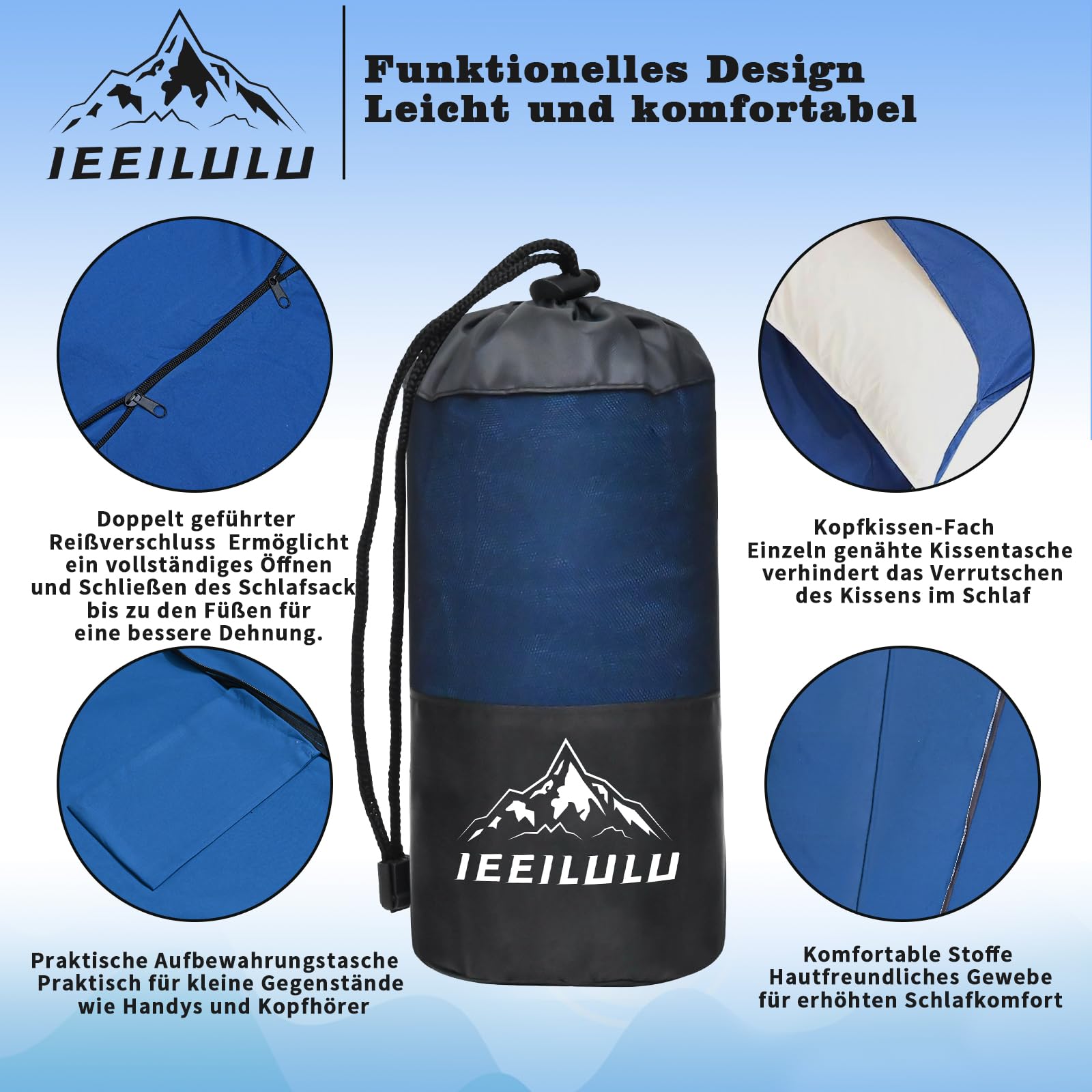 IEEILULU Hüttenschlafsack Baumwolle, Hüttenschlafsack, Reiseschlafsack mit Zwei Wege Reißverschluss Handytasche, Kleines Packmaß, Schlafsack Ultraleicht für Erwachsene Camping Wandern Hotels