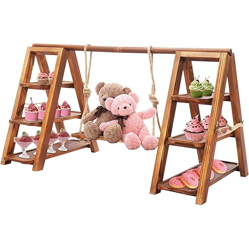 PERFERATE Wooden 3 Tier Serving Tray Ladder Stand Wooden Dessert Table Display Set with Swing Tray Food Display Stand for Desserts Cupcake, Cake Snack Bread, Fruits, Tea Party