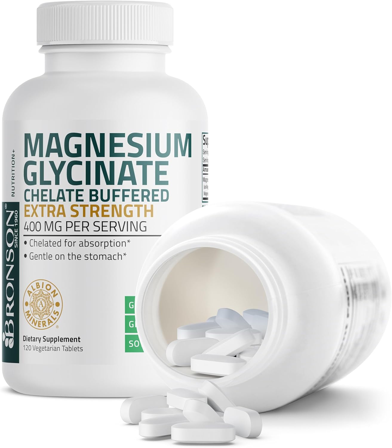 Bronson Magnesium Glycinate 400mg Extra Strength, Vegetarian, Chelated for Absorption Gentle on The Stomach, Non-GMO, 120 Tablets