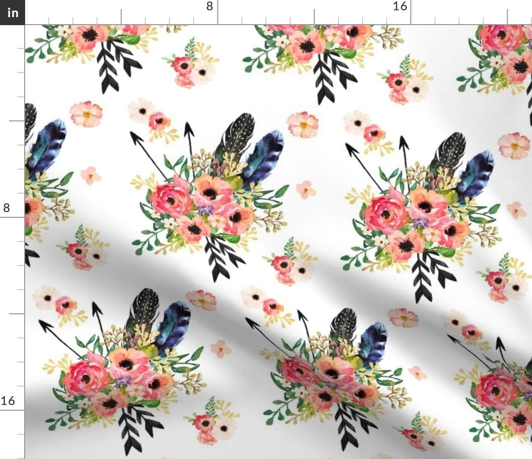 Spoonflower Fabric - Boho, Floral, Arrows, White, Pink, Green, Flowers, Nursery, Girl, Printed on Petal Signature Cotton Fabric by The Yard - Sewing Quilting Apparel Crafts Decor