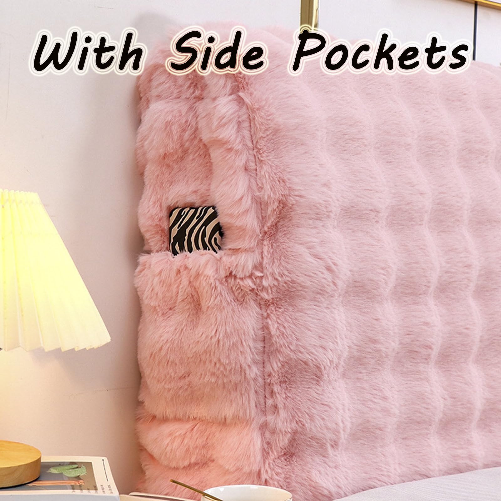 Chickwin Bett Kopfteil Bezug Plüsch mit Taschen, Weicher Stretch Bed Headboard Cover, Waschbar Abnehmbar Bettkopfteil Hussen, Staubdicht Bett Kopfteil Abdeckung für Schlafzimmer (180cm,Beige)