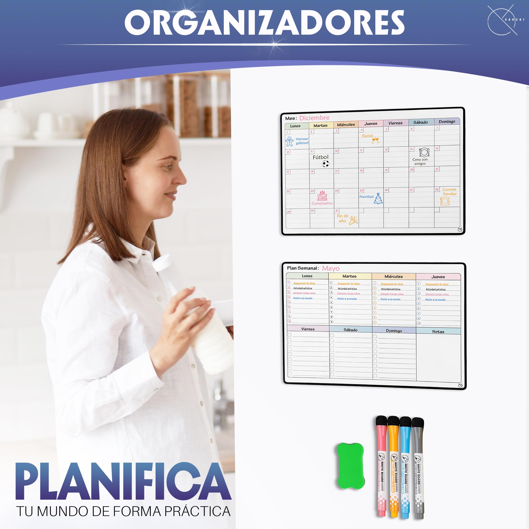 Calendario Magnético Nevera Planificador Mensual o Semanal + 4 Rotuladores y 1 Borrador de Regalo | Opciones en Tamaños A4 y A3 | Ideal como Organizador Semanal (MENSUAL A4)