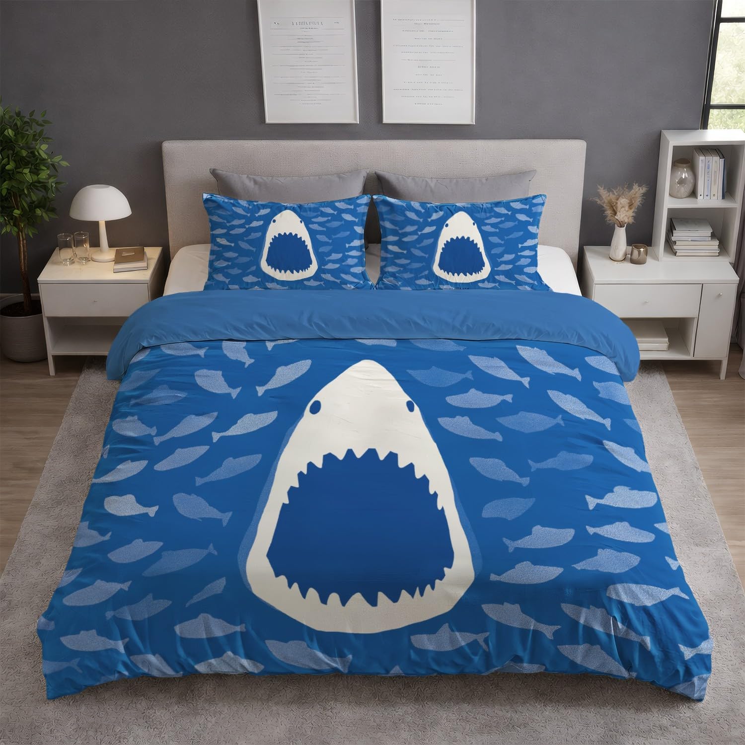 Funda Nordica Cama 90 Ropa de Cama Dibujos Animados Animales Tiburón de Compañía 2 pezzi Suave Reversible Microfibra por Funda Nórdica 135 x 200 cm + Fundas de Almohada 50x75 Azul