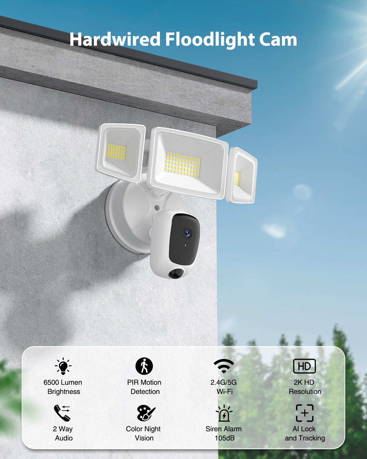 Telecamera proiettore 6500LM cablata, telecamera di sicurezza HD 2K per esterni con attivazione del movimento, visione notturna a colori, registrazione 24/7, audio a 2 vie, WiFi 2.4G, sirena