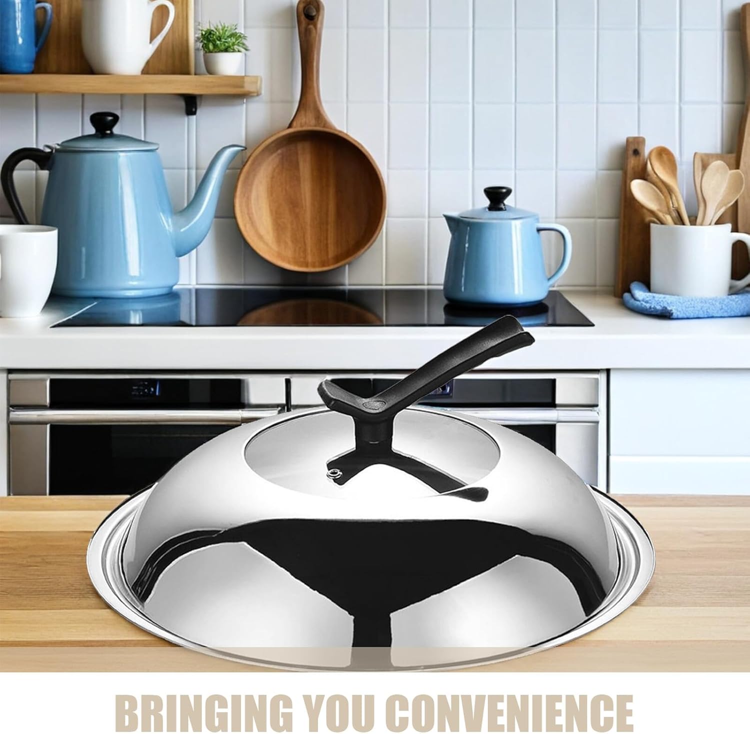 BESTonZON 13 Inch Visual Wok Lid Stainless Steel Dome Cover with Tempered Glass Spill-Resistant Standable Pan Lid for Frying Pans and Skillets - Image 9