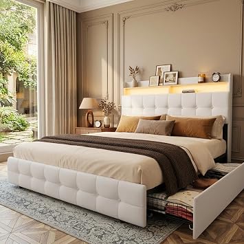 IDEALHOUSE Queen Size Upholstered Bed Frame Fabric with Storage Drawers and LED Lights, Headboard and Frame for Cozy Bedroom Sets Upgrades