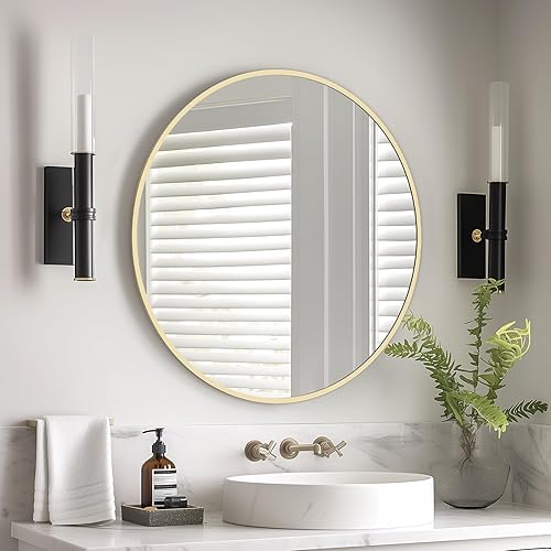 Miniatura 9 de HOMECOOKIN Espejo redondo de madera de 24 pulgadas, espejo redondo de pared de baño, espejos circulares para decoración de pared, tocador, sala de