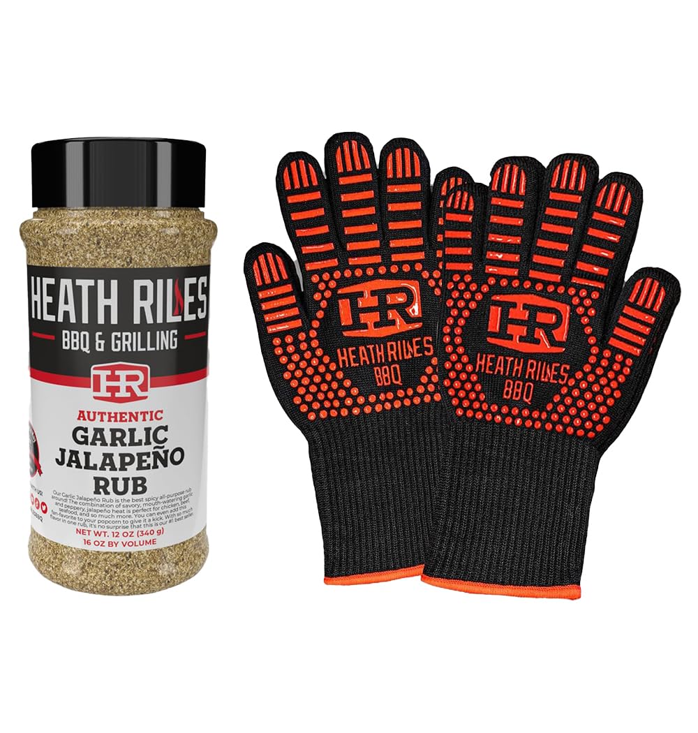 Heath Riles BBQGarlic Jalapeño Rub Seasoning 12 oz Bundled with Heat Resistant Gloves