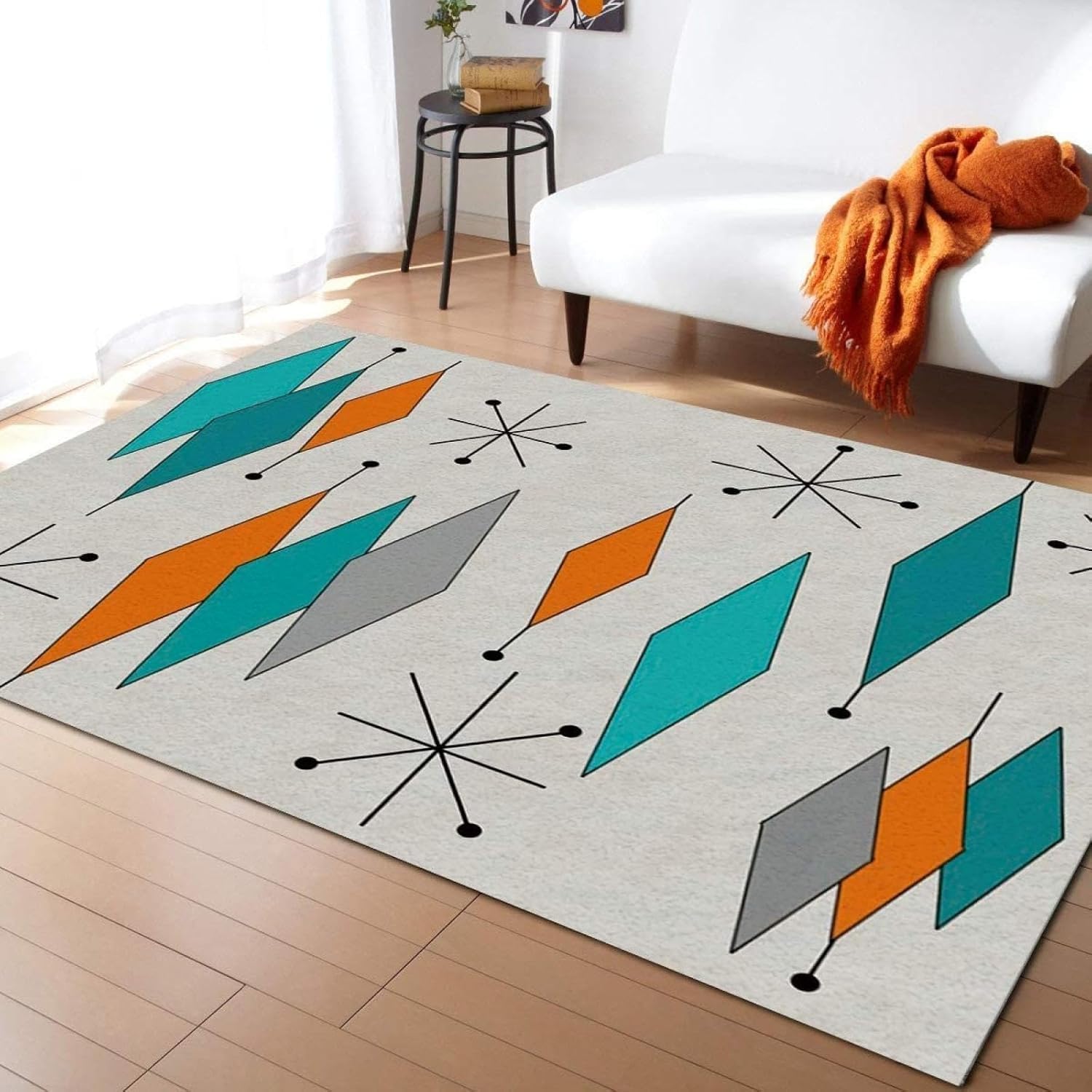 Mid Century Modern Art Area Rug, Abstract Colorful Atomic Geometric Pattern Soft Washable Carpet, Indoor Decorative Rug with Non-Slip Backing for