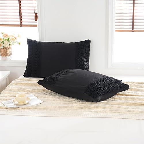 Juego de 2 fundas de almohada negras con borlas de macramé, 100% microfibra lavada, decoración bohemia con diseño de borlas, fundas de almohada