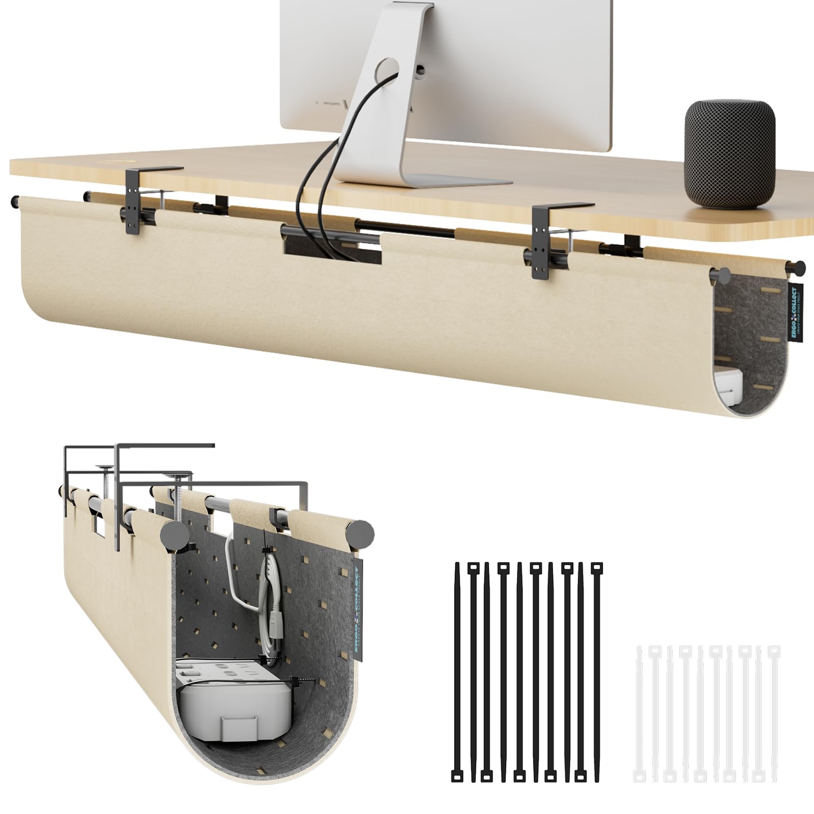 No Drill Under Desk Cable Management Tray, 45.2" Felt Cord Organizer