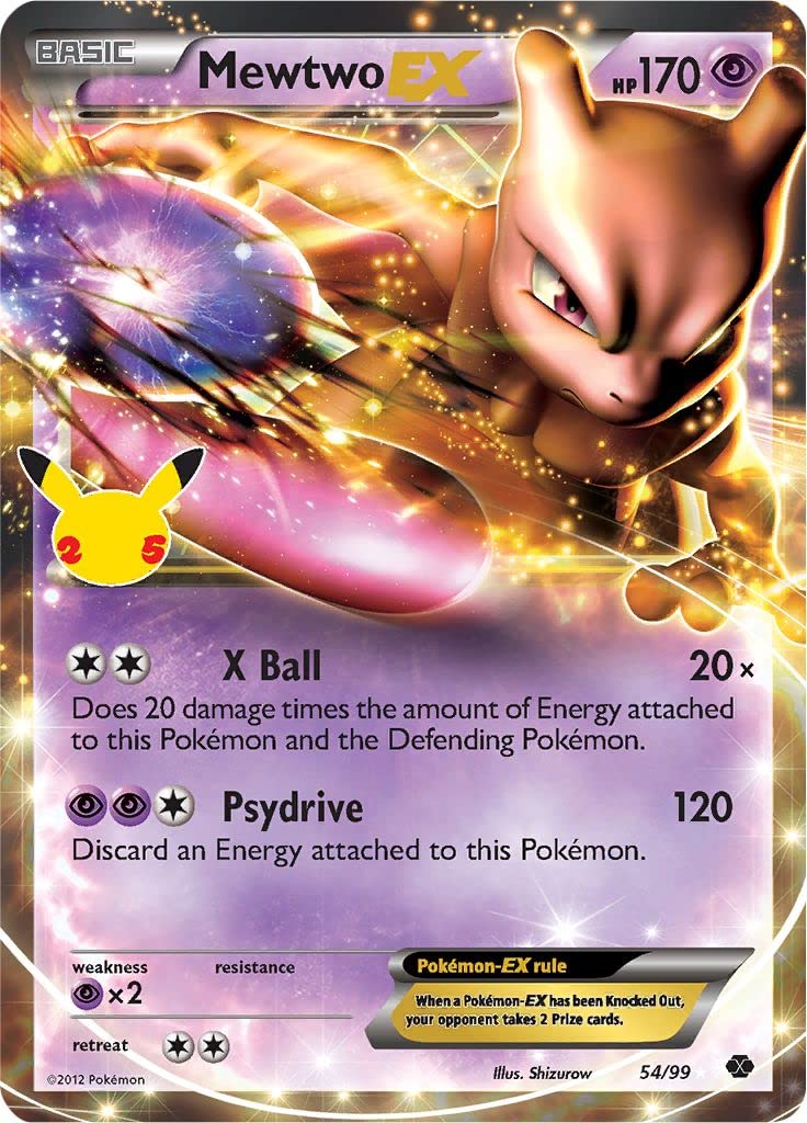 Mewtwo EX (Next Destinies) + 54/99 Ultra Rare Pokemon Card (Celebrations Classic Collection) + Titan Cards® Toploader Toys