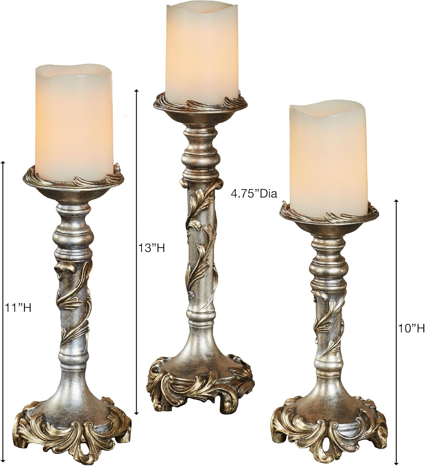Vina Elegante Victorian Style Candleholders | Silver, Gold | Traditional Centerpiece Decor with Acanthus Leaves Design | Holds Pillar or Taper Candles