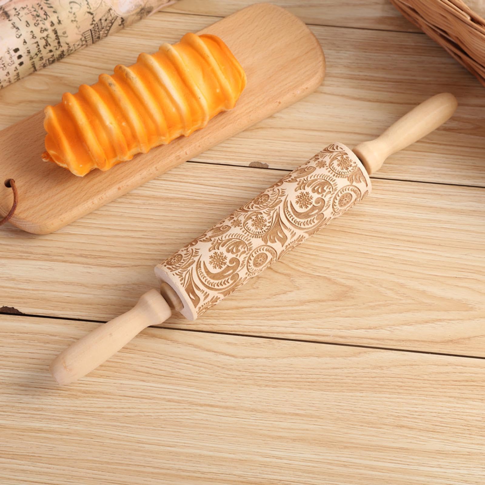 Rodillo para repujar， Rodillo de amasar 3D con diseño de flores/animales Rodillo de amasar de madera grabado for Navidad Hecho en casa(Model6)