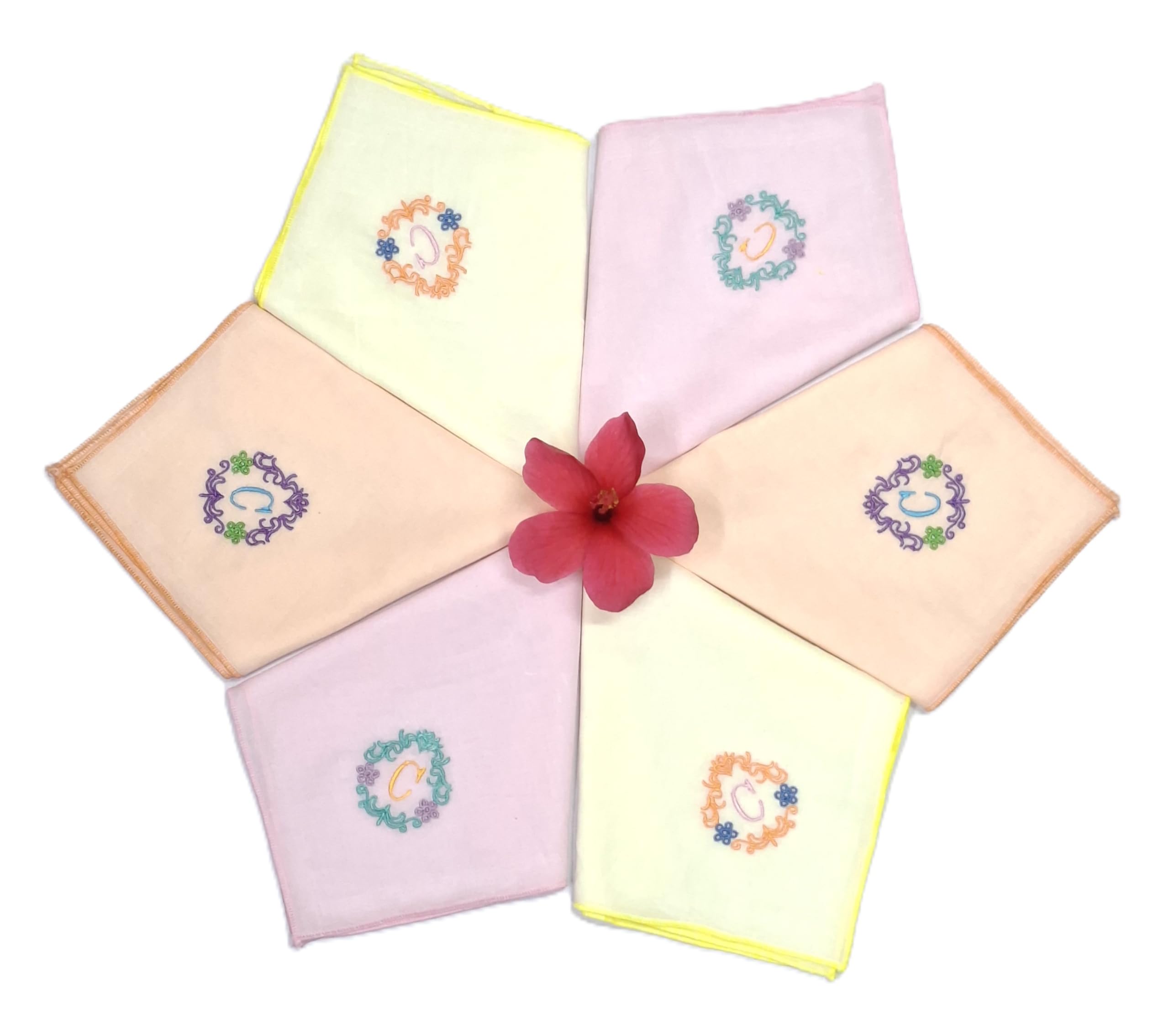 concerto 100% Cotton (Compact Yarn) Multicolor Embroidery Pastel Color Handkerchief For Women (Size: - 33 cms * 33 cms) (Pack of 6)- Rohira - C - Gift Pack.-picture-2
