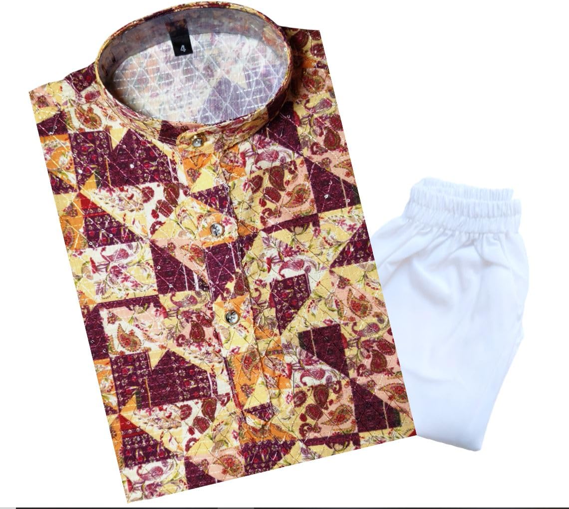 TinySteps Traditional Ethnic Wear Boys Printed Kurta With Sequence Work And White Cotton Elastic Waist Pajama Set (Multicolor)