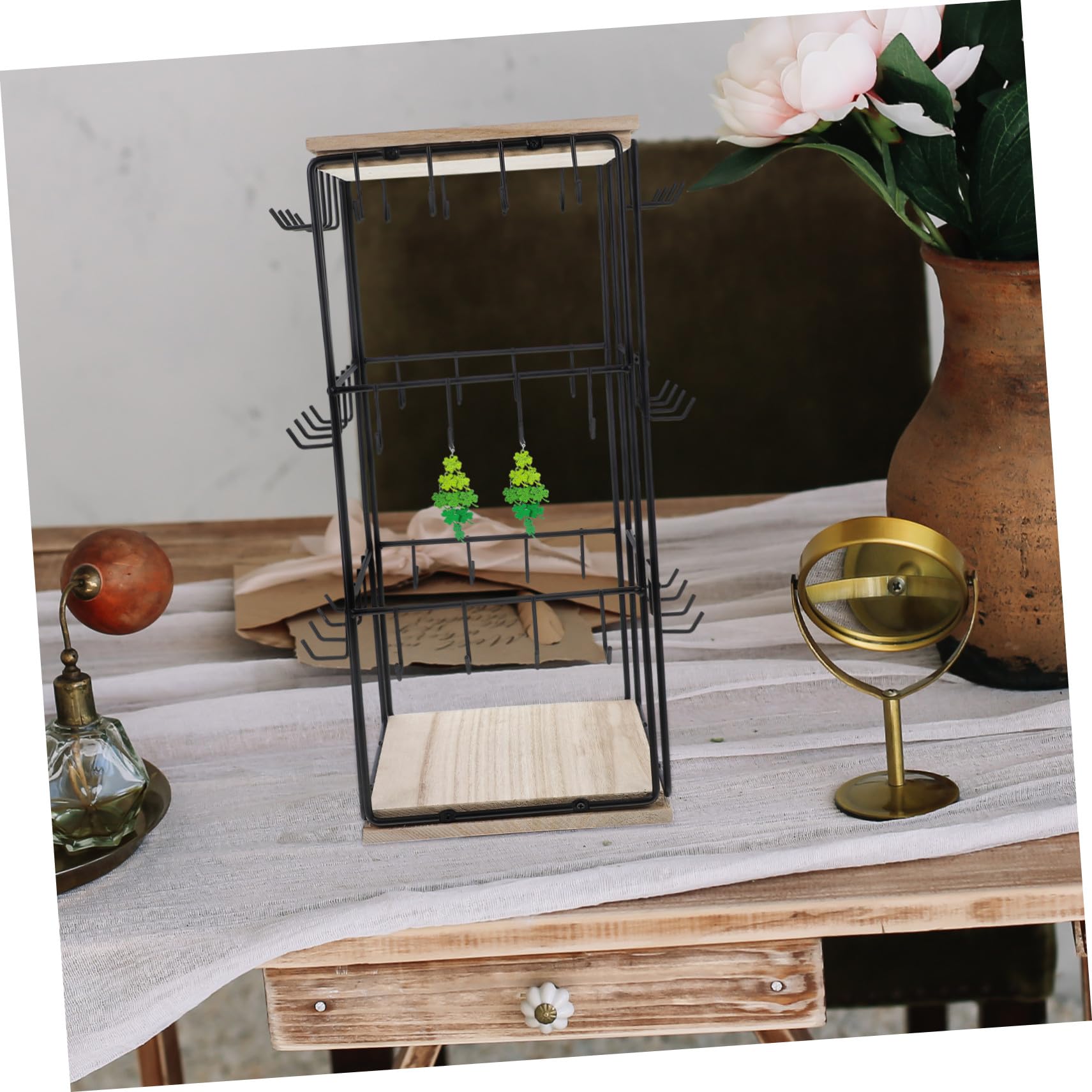 Rotierender Schmuckständer aus Naturholz mit Haken Multifunktionaler Ohrring Ringhalter Platzsparender Organizer für Schmuck Drehbares Design für Verkaufsstände und Schminktische