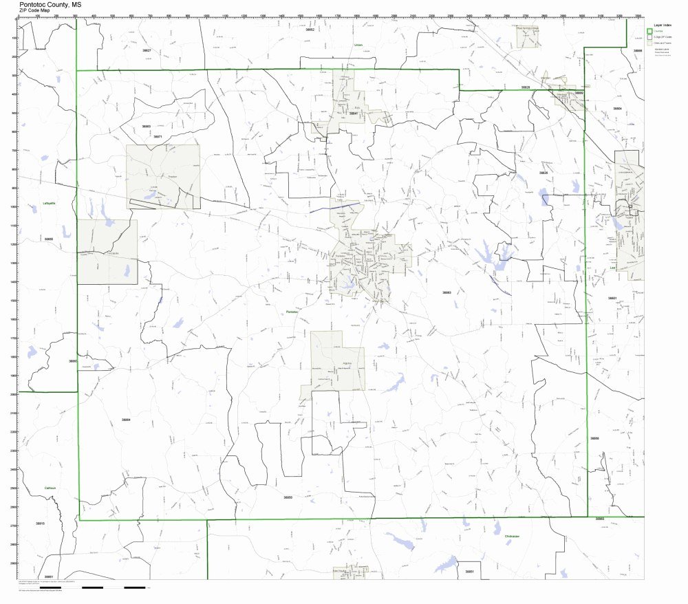 Pontotoc County, Mississippi MS ZIP Code Map Not Laminated