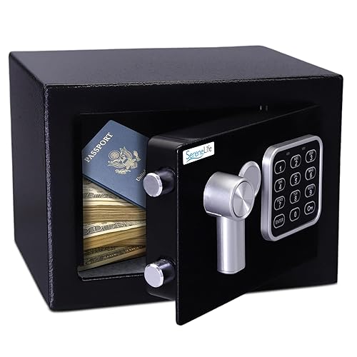 SereneLife Premium Steel Digital Safe Box - 9.1" x 6.7" x 6.7" | Secure Storage for Cash, Firearms & Jewelry | Great For Hotels, Cabinets & Home Use | Electronic & Mechanical Access | 2 Keys | Black - Black
