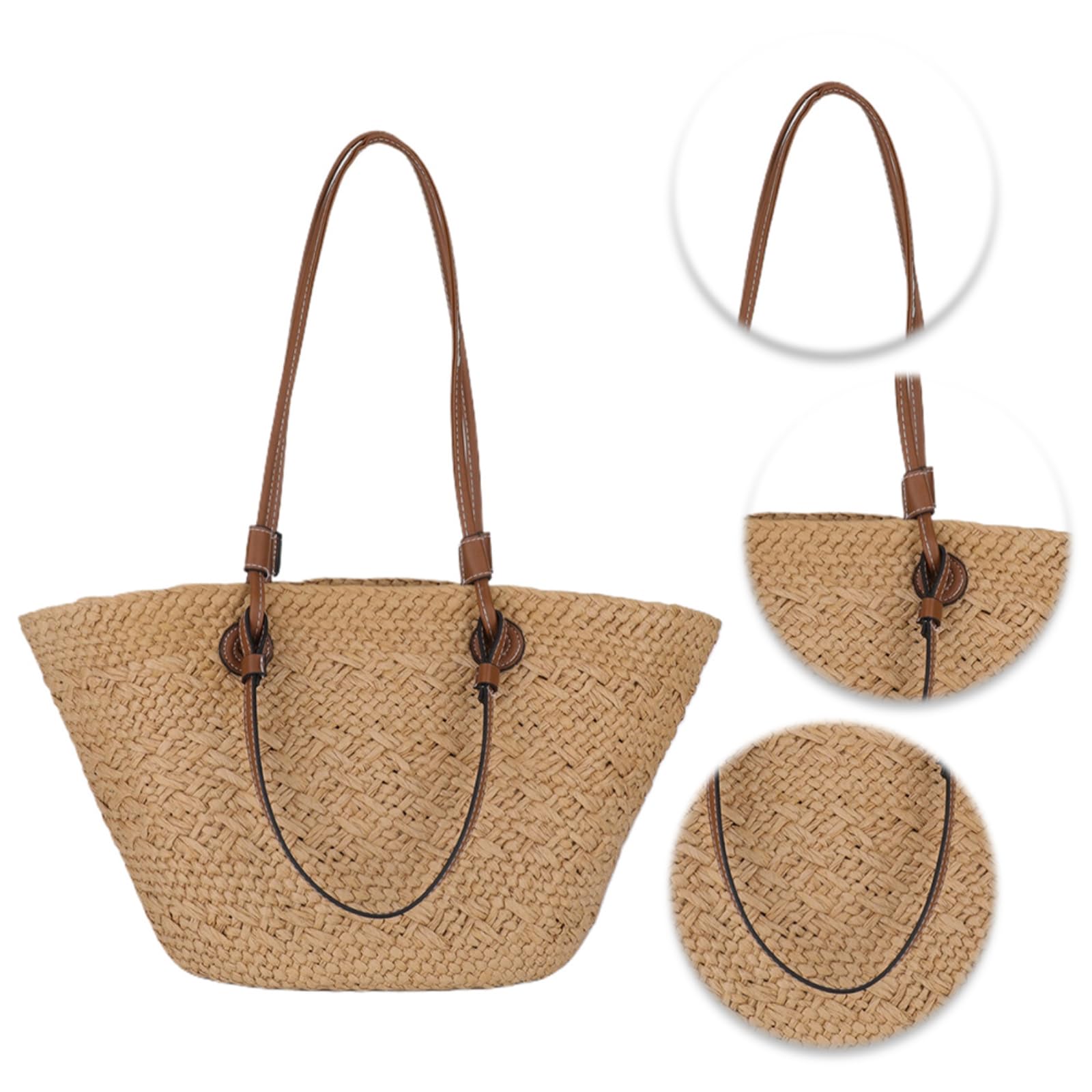 Borsa a Tracolla Donne Tessuto Tote Estate Borse di Spiaggia Grande capacità Tessuta Semplice Tessitura Elegante-Beige