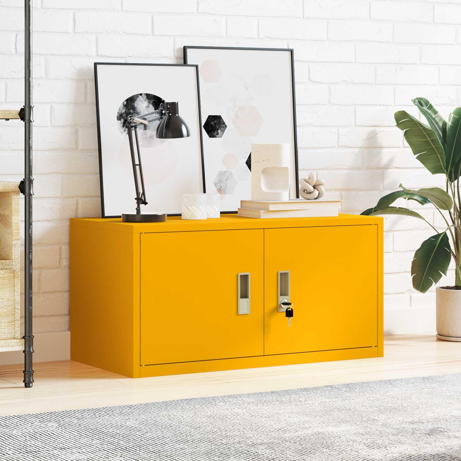 Stahlschrank Aufbewahrungsschrank Senfgelb 80 x 40 x 40 cm Stahl Büroorganisation Industrielles Design Pulverbeschichtung Stahlkonstruktion Abschließbare Türen Stauraum