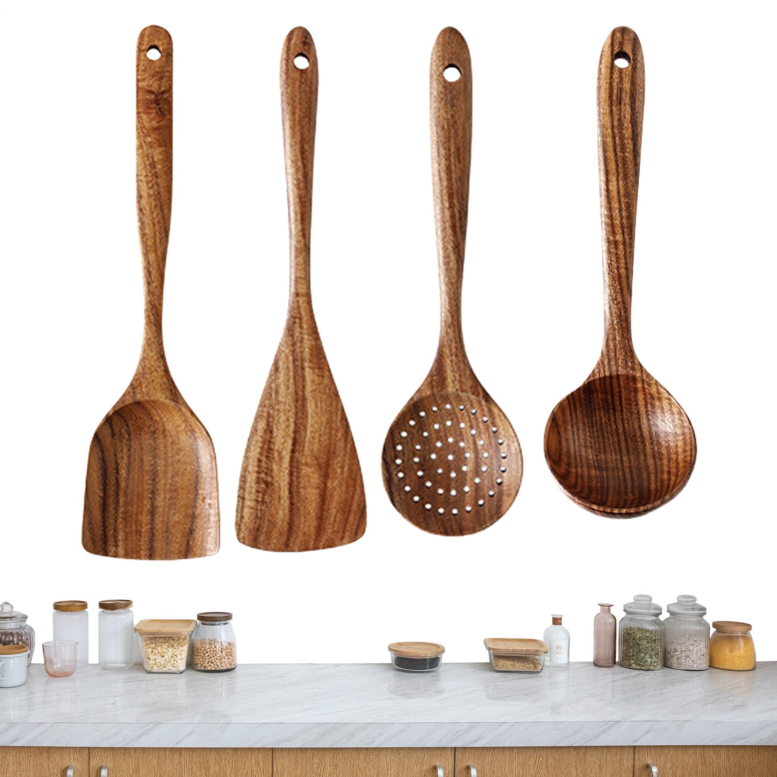 Utensilios de cocina de madera – Juego de 4 cucharas de cocina de madera | de acacia natural de 12.99 pulgadas | Juego de utensilios de cocina, cuchara de sopa grande, espátula de madera para mezclar