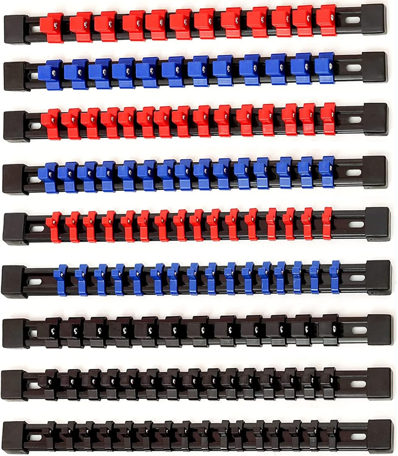 9PC ABS Socket Organizer Set, 1/2-Inch, 3/8-Inch and 1/4-Inch Drive Socket Rail Holders, Heavy Duty Socket Racks, Black Rails with Red Blue Black Clips