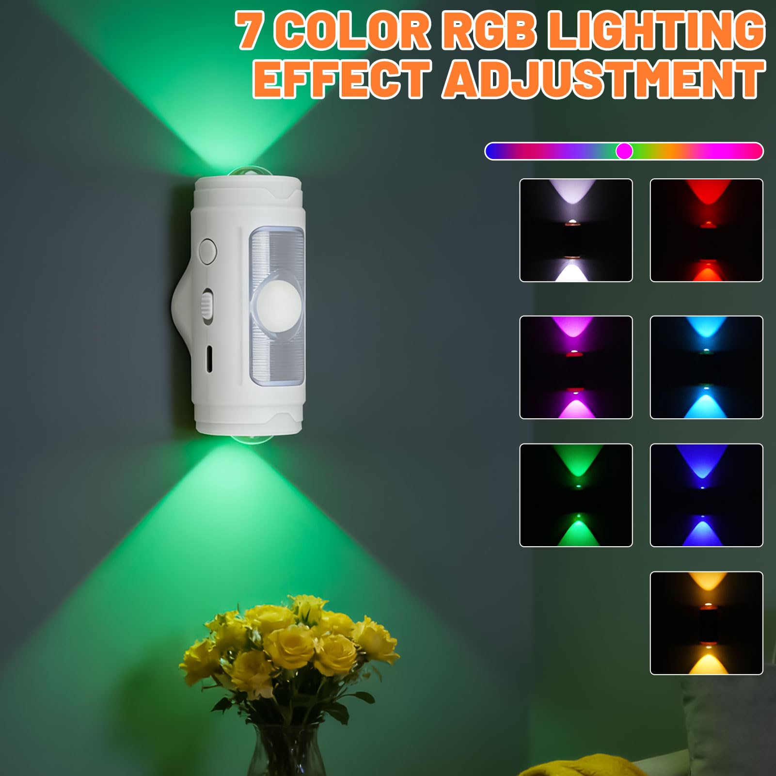 Veilleuse avec détecteur de mouvement, 7 couleurs RVB, intensité variable, détecteur de mouvement avec pad magnétique, 3 modes (Auto/ON/OFF), lampe murale sans fil rechargeable pour escalier, chambre