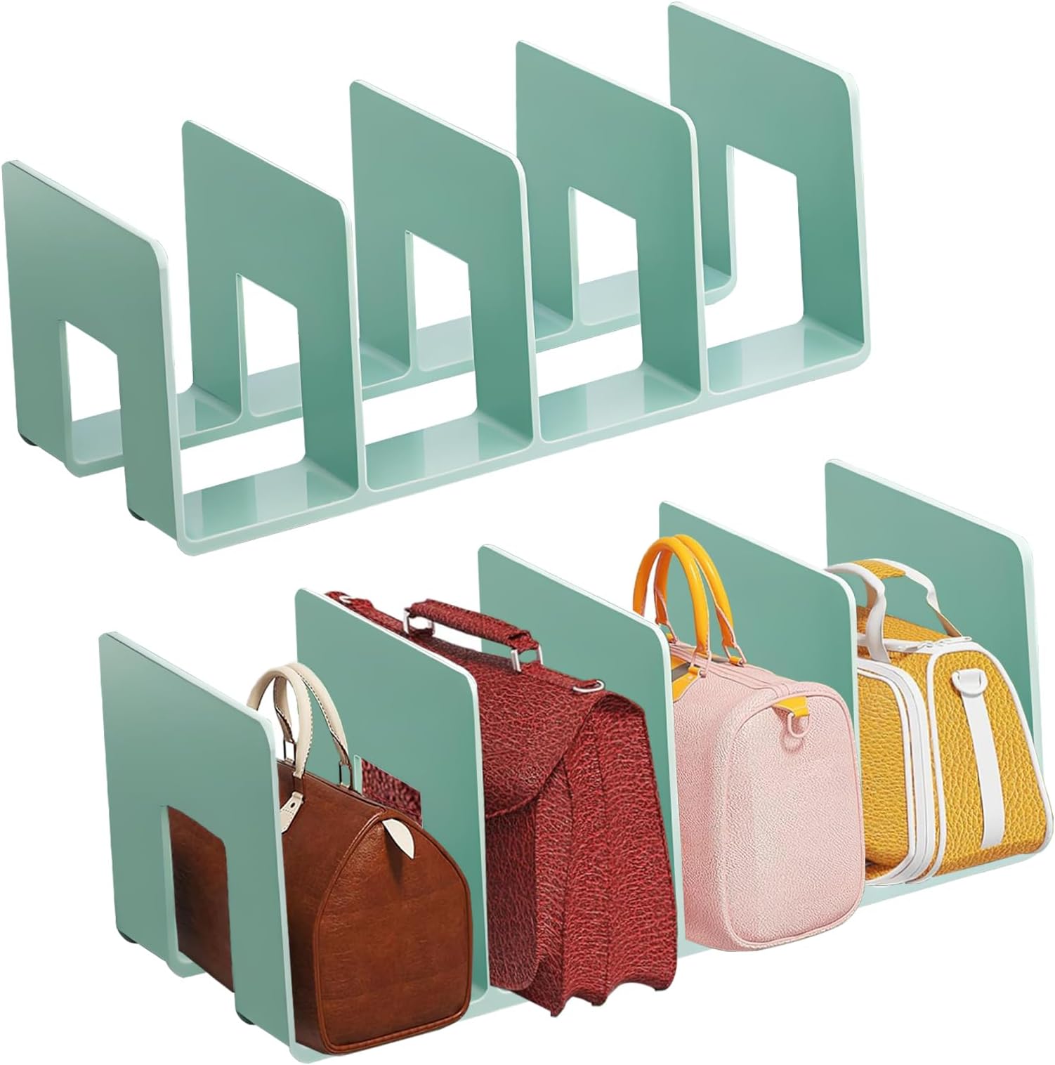 FLOVESUNS 2pcs Clear Plastic Purse Handbag Organizer,2 Sections Bag Closet Shelf Divider Purse Display Stand Handbag Storage Organizer Clear Desk File Sorter Stand Holder Bookshelf (Green)