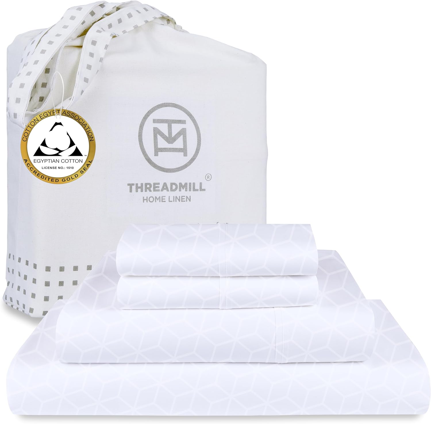 Threadmill Egyptian Cotton Queen Sheet Set | 100% Certified Egyptian Cotton Sheets for Queen Size Bed | Queen Bed Sheets Set Snug Fit Deep Pocket | Soft Cooling Damask Jacquard Bedding Set | White