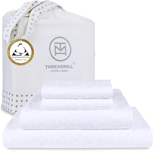 Threadmill Home Linen - Juego de cama de 400 hilos, 100 % algodón egipcio certificado de 4 piezas, juego de cama blanco de hotel, sábanas jacquard