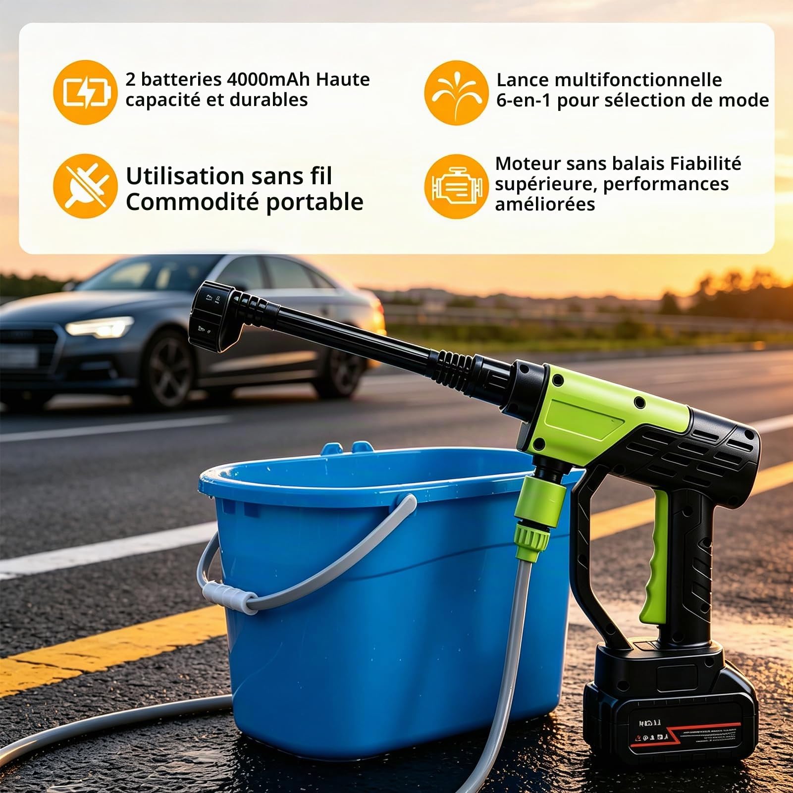 Nettoyeur haute pression sans fil portable 6 en 1 avec 2 batteries 21 V pour terrasse et voiture, tuyau d'eau sans fil de 5 m pour nettoyage du sol/jardin (vert)