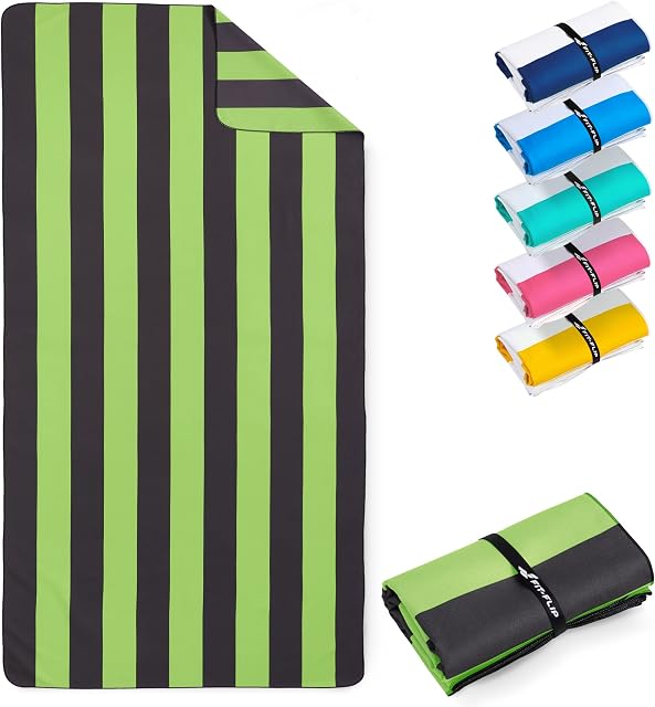 Fit-Flip Beach towel - large microfibre towel - lightweight, compact and super absorbent - sand free quick dry towel, 100% recycled microfibre travel towel  darkgrey-green stripes 160x90cm