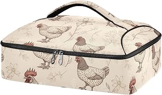 Rural Rooster Chicken Beige Insulated Casserole Carrier Pattern Food Carriers with Dish Storage Leakproof Delivery Bag for Picnic Potluck Beach Day Trip