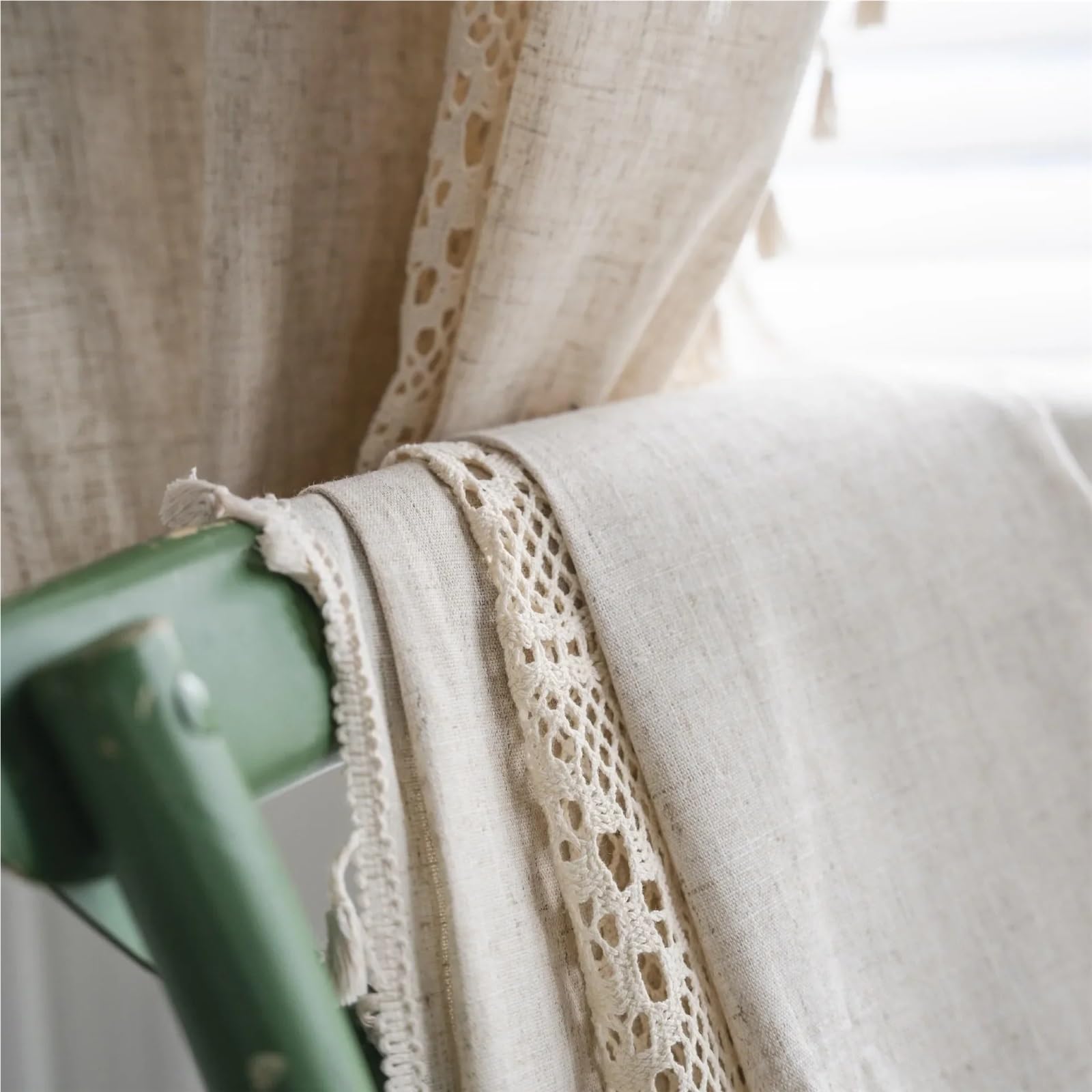 Leinenmischung Jute Spitzenvorhänge Quaste for Küche Schlafzimmer Wohnzimmer Fenster Schrank Vorhang(A,Rod Pocket_W150XH140CM)