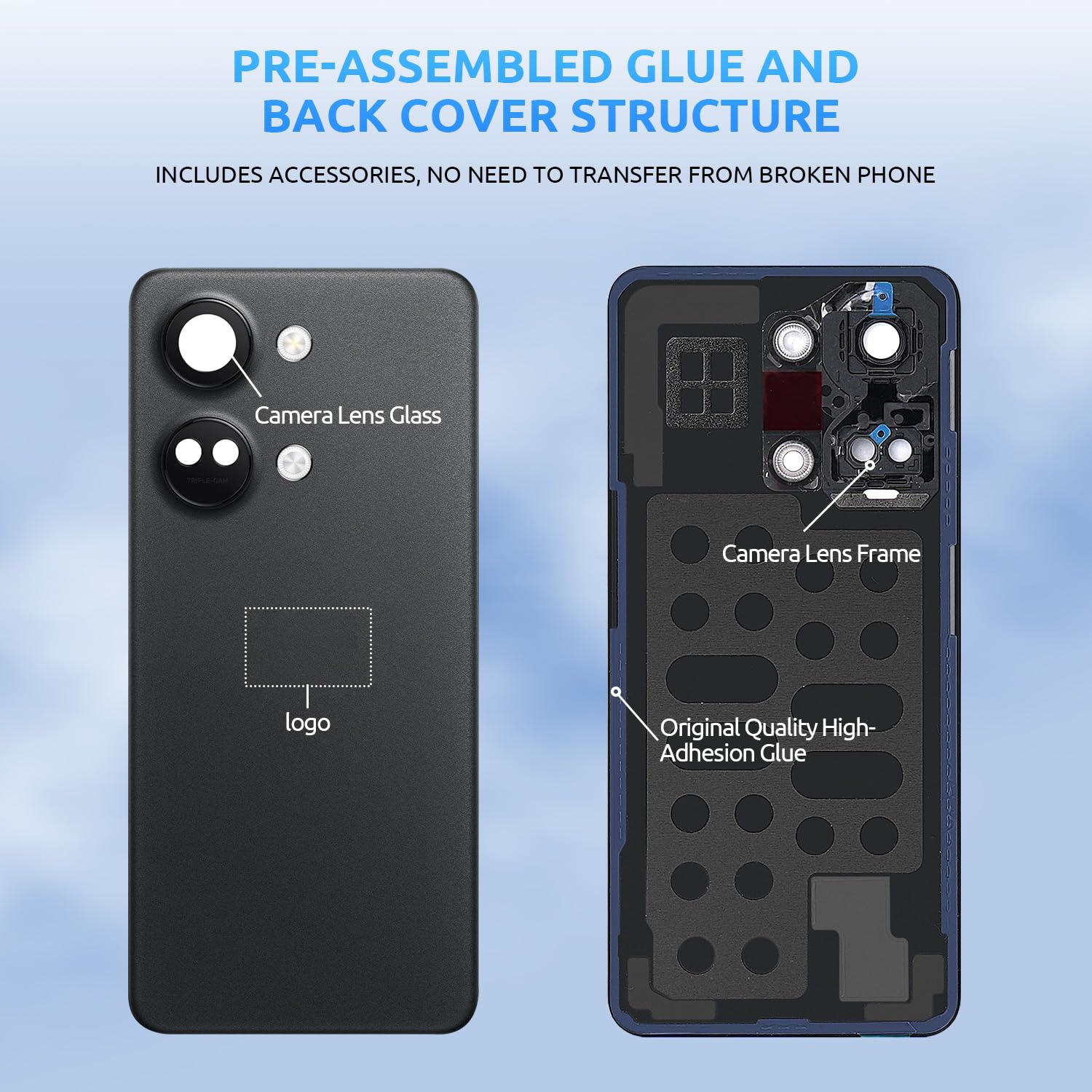 Eonpam Back Cover Glass for Oneplus Nord 3 Rear Glass Replacement with Camera Lens + Repair Kit Genuine Rear Housing (Black) - Image 4