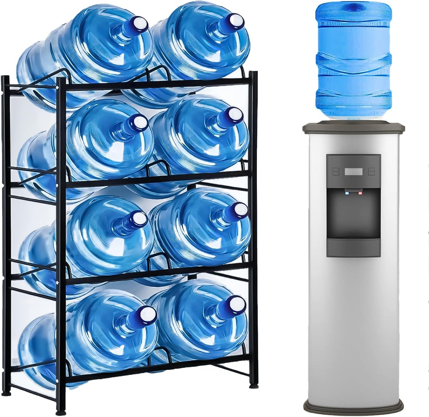 Soporte de almacenamiento resistente de 8 bandejas para jarra de agua, 4 niveles, 2 filas para botellas enfriadoras de agua de 5 galones, acero al carbono, ideal para el hogar, oficina, cocina,