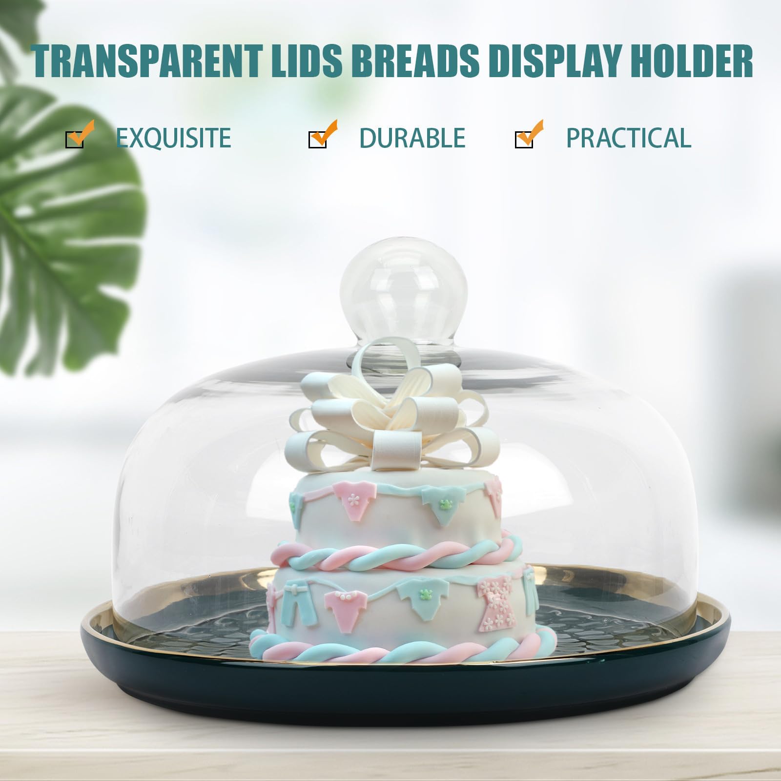 SEWACC Bandeja para servir postres con cubierta de vidrio transparente y base de cerámica verde, protección de alimentos para fiestas infantiles y cenas familiares, 1 set elegante