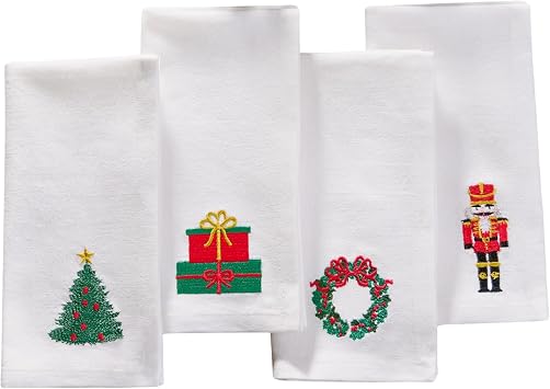 Elrene Home Fashions Holiday Embroidered Christmas Cotton Napkins with Festive Designs Tree, Gift, Wreath, Nutcracker, Set of 4