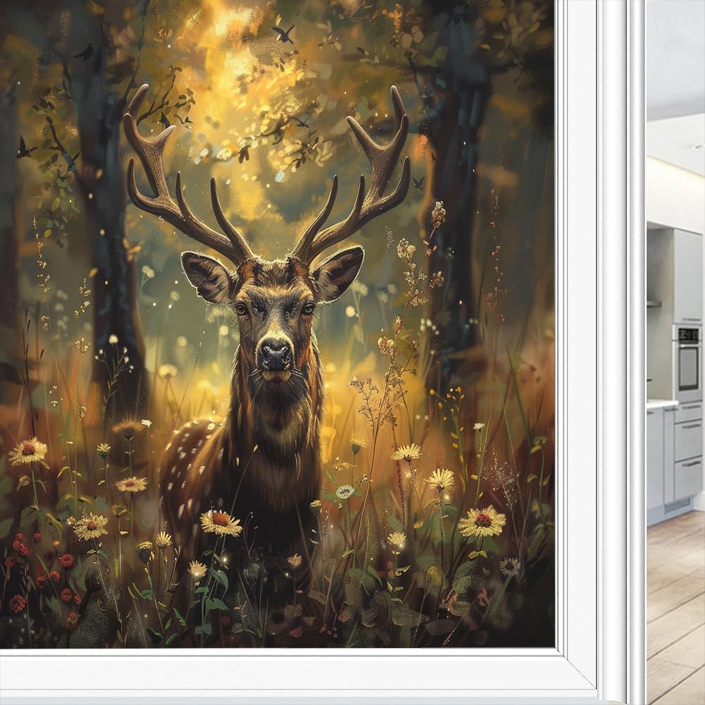 Fyfmushe Vintage Deer Window Privacy Film Stained Glass Countryside Sunshine Misty Woods Wildlife Window Clings For Glass Decorative Stickers Static Cling Sun Blocking Coverings 60X90 Cm