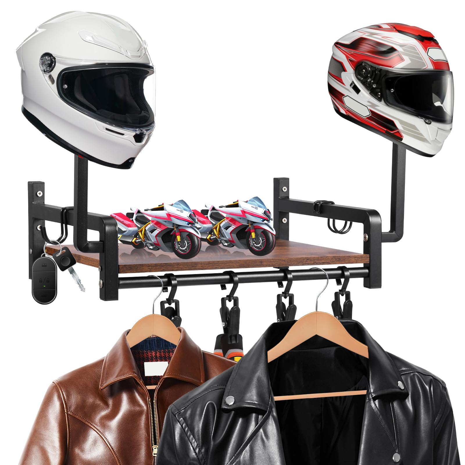 QINGLANG Motorbike Helmet Holder Wall Mount Helmet Stand with 4 Glove Clips and 2 Hook Helmets Hanger Plate Stand Display Organiser for Football, Baseballs, Motorcycle Accesories Storage(Walnut)